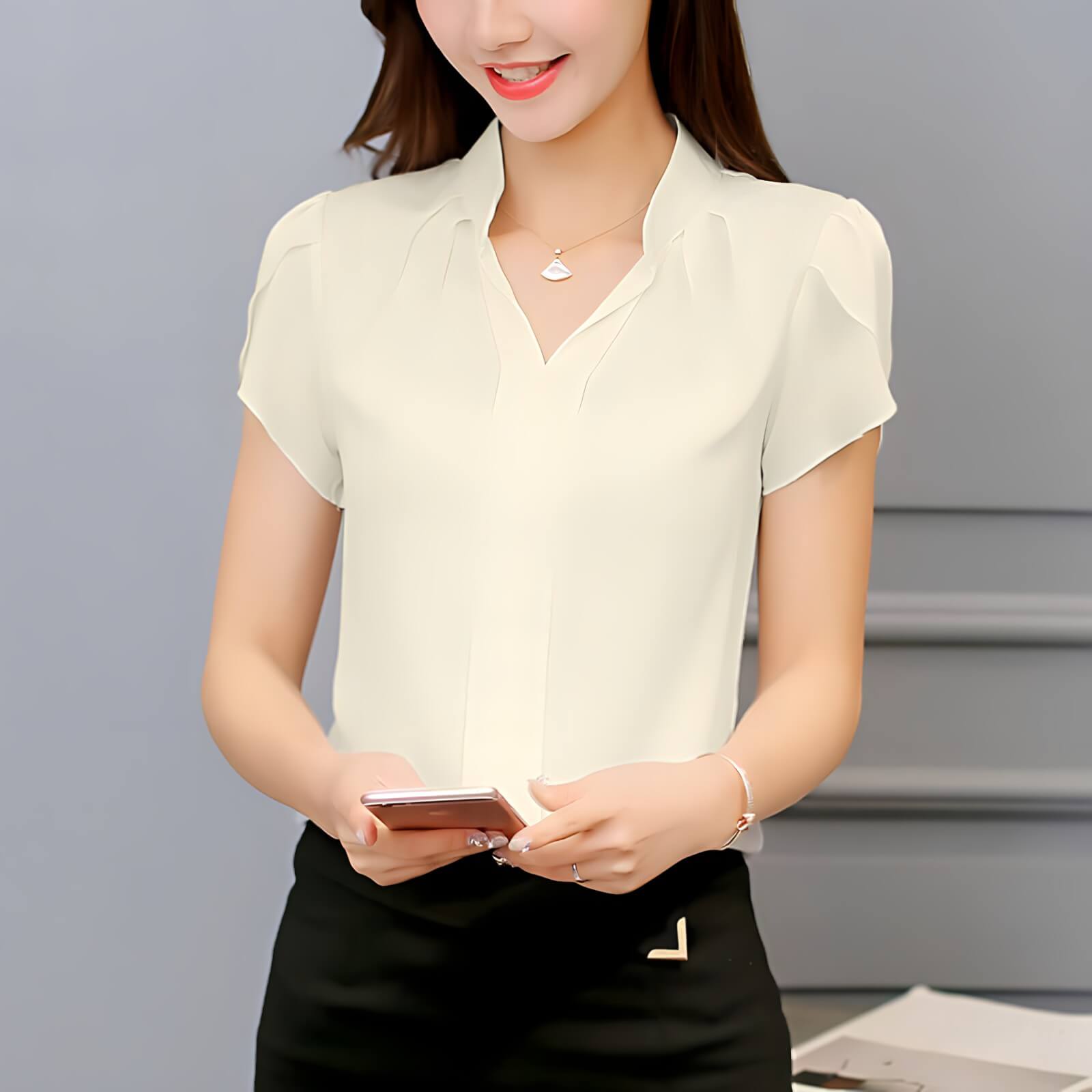 Camisa de Chiffon Manga Curta Papoula